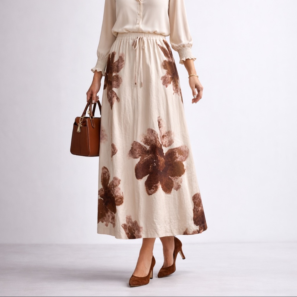 Lumina New Maxi Floral elastic waist Beige and Brown Skirt size s/m 100% cotton
